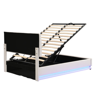 Rosahqnda Gepolstertes hydraulisches Bett 140 * 200 cm mit LED-verstellbarem Kopfteil, moderner Doppelbettrahmen mit Stauraum,PU