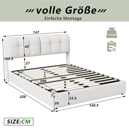 ROSAHQNDA Modernes Polsterbett, LED-Doppelbett mit Rückenlehne, hydraulischer Samtbettrahmen mit USB-Station, ohne Matratze