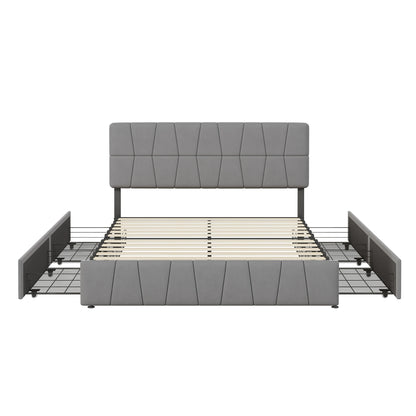 Rosahqnda Upholstered Bed 140x200cm,4 Storage Drawers,Modern Double Bed,Suitable for Adults,Teenagers,Gray,Velvet