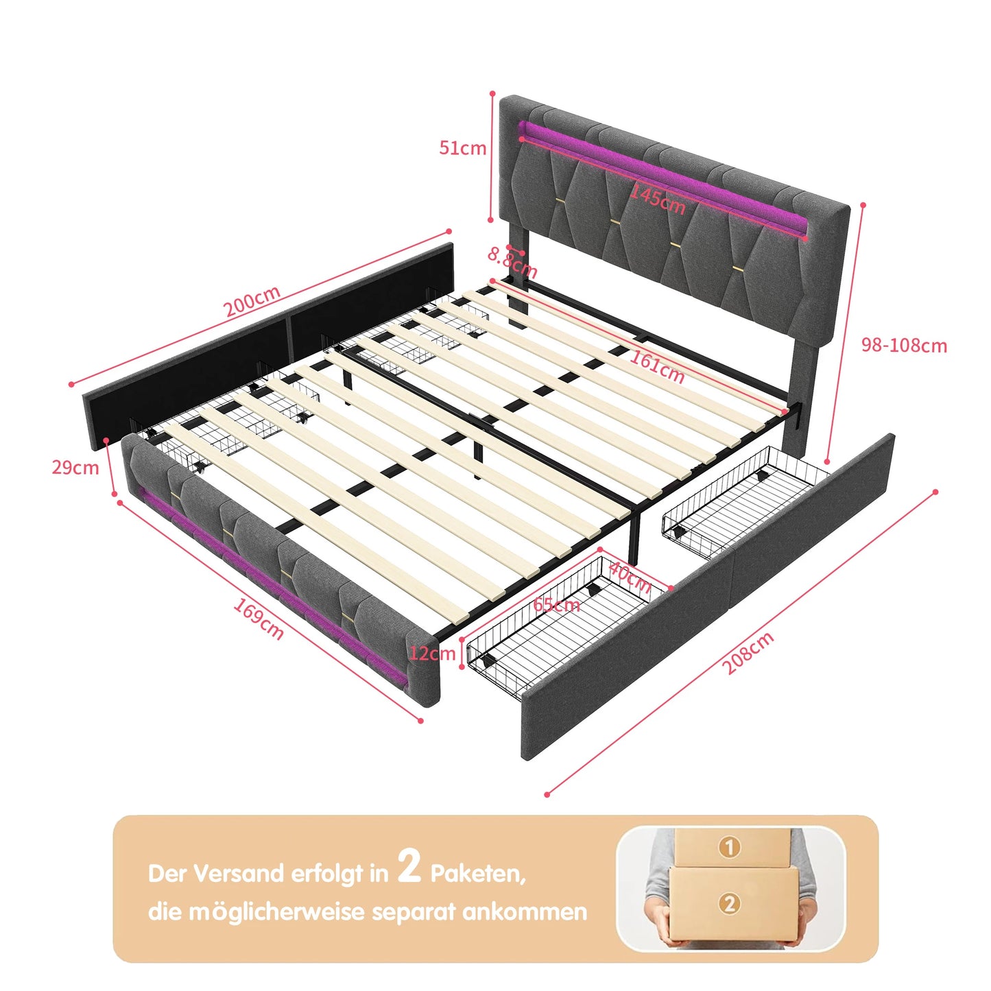 WoodenAura Bett 160x200 cm LED Doppelbett mit USB-Ladefunktion, Polsterbett Stauraumbett mit 4 Schubladen,Verstellbares Kopfteil