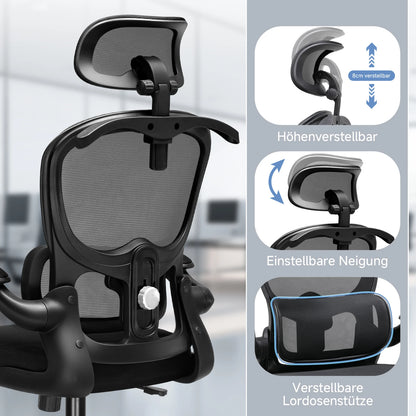 COMHOMA Bürostuhl Ergonomisch, Schreibtischstuhl mit 3D Kopfstütze und Lendenwirbelstütze, Integriertes Kleiderhaken-Design