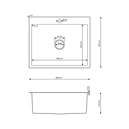 Silberne Edelstahlspüle aus Edelstahl von Inox, 60 x 50 cm – Einzelschüssel mit Wasserhahnloch und Abflussrohr, X-förmiger schneller Abfluss für moderne Küchen