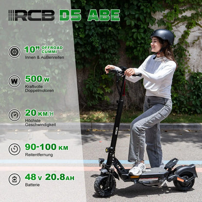 RCB Electric Scooter D5 Pro/D5 (ABE), 48V 27/20.8 Ah Battery, 500W Motor, 10“ Flatproof  Tyre, Dual Shock Absorption E Scooter.