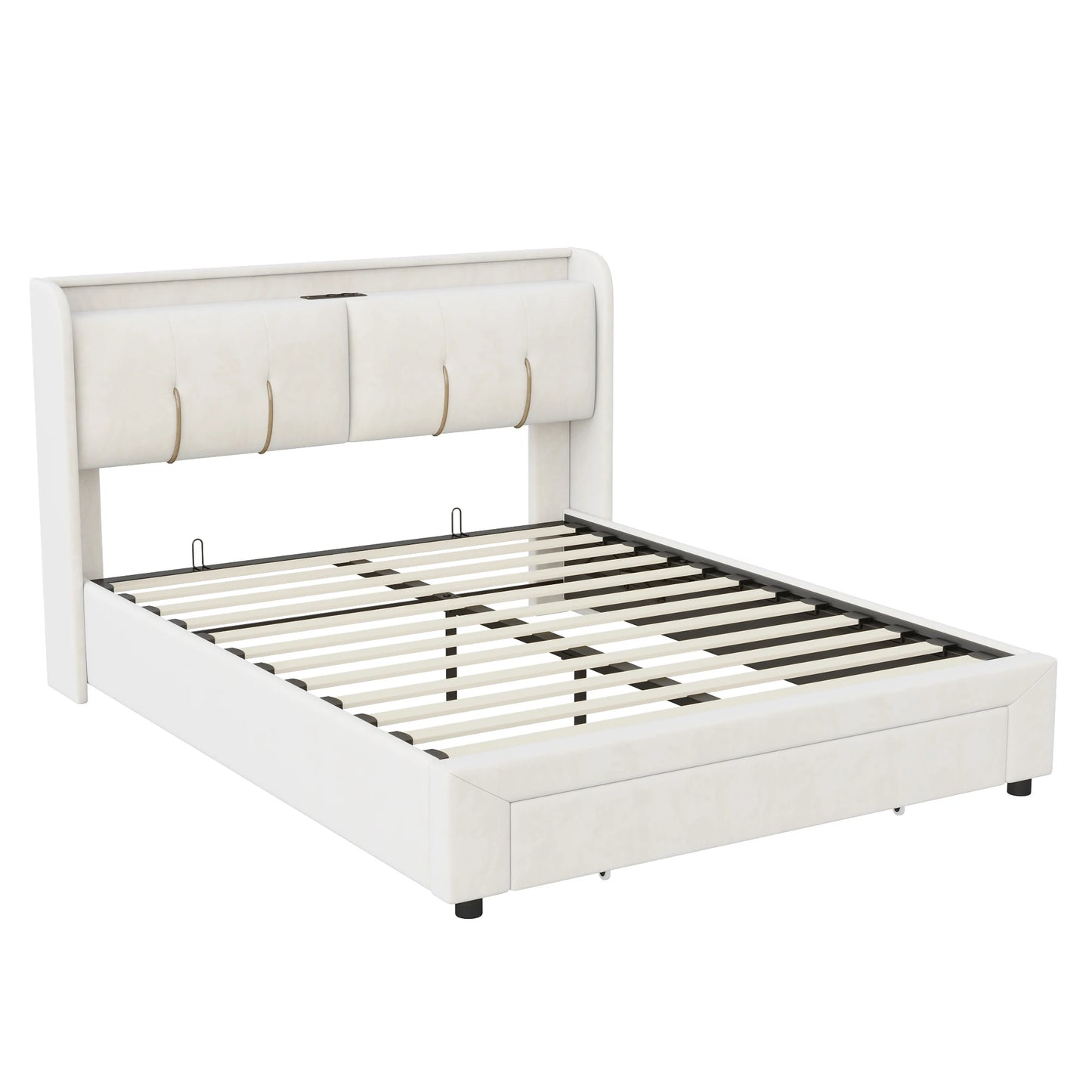 WoodenAura 140x200cm Polsterbett mit USB-C Ladefunktion, Stauraumkopfteil und LED-Beleuchtung und Schubladen, Doppelbett Große