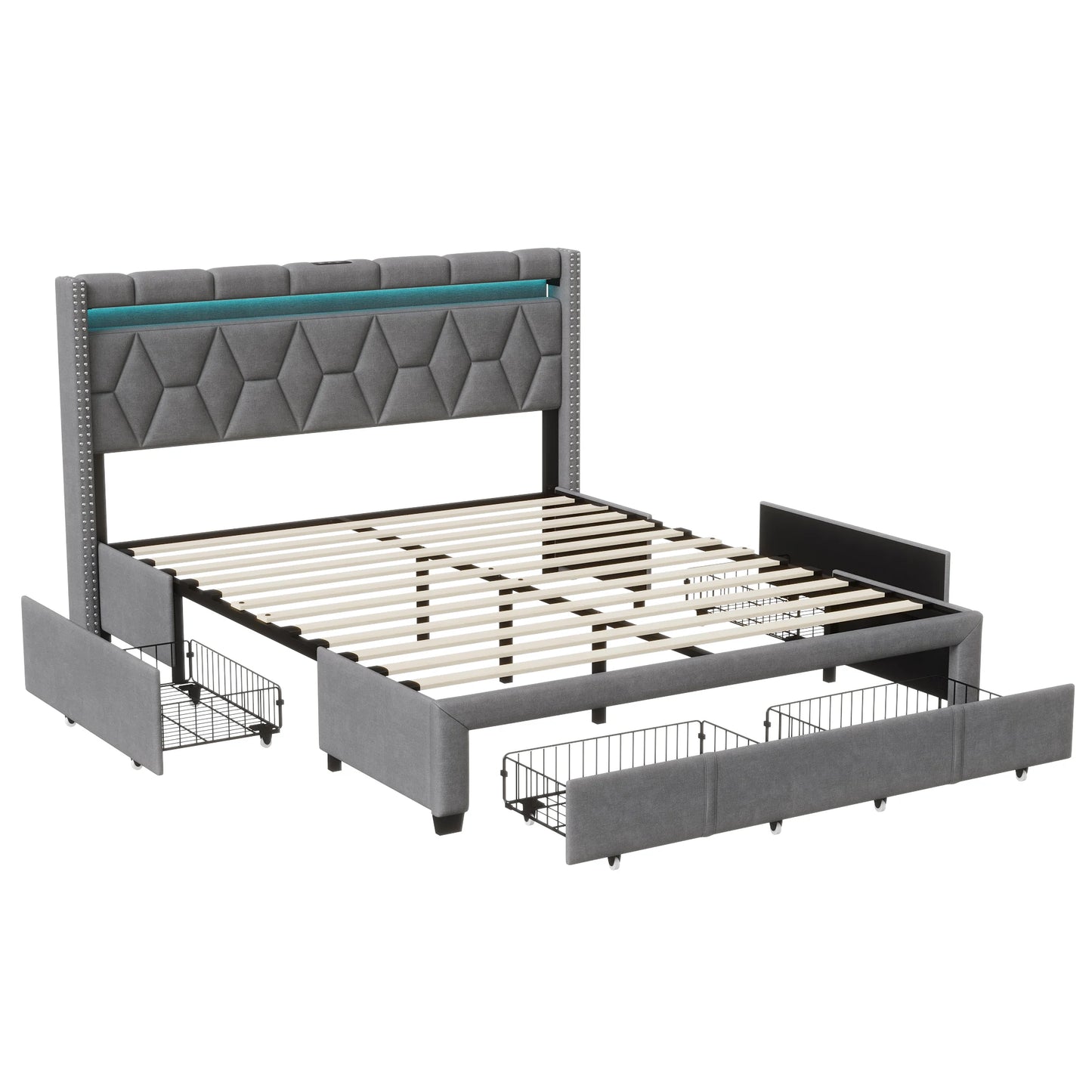 Comanlai Upholstered Bed,160 x 200 cm,with LED Headboard and USB,with 4 Storage Drawers, without Mattress, Linen Grey