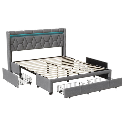 Comanlai Upholstered Bed,160 x 200 cm,with LED Headboard and USB,with 4 Storage Drawers, without Mattress, Linen Grey