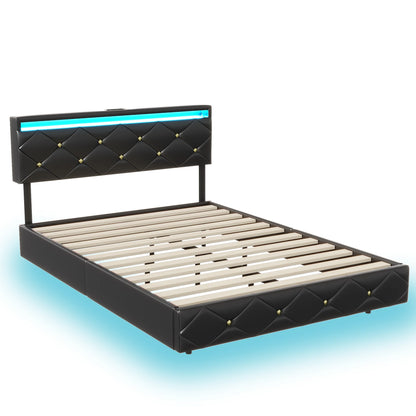 Rosahqnda Schwebebett 140-160*200cm LED USB verstellbares Kopfteil,Doppelpolsterbett Apartmentbett Jugendbett Gästebett,PU