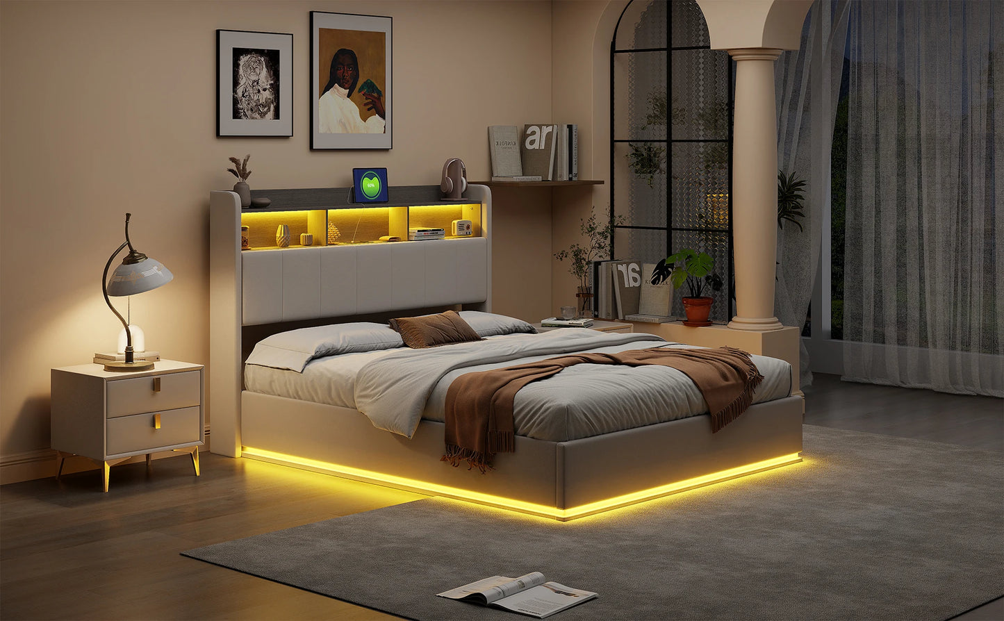 Rosahqnda hydraulisches Doppelbettgestell 140–160 x 200 cm mit LED, USB und großem Stauraum, gepolstertes Gästebett, Teenager-Wohnbett, Samt