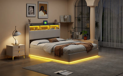 Rosahqnda Polsterbett, Hydraulisches Doppelbett mit LED-Lichtleiste und großem Stauraum, 140-160 x 200 cm, Weiß/Grau