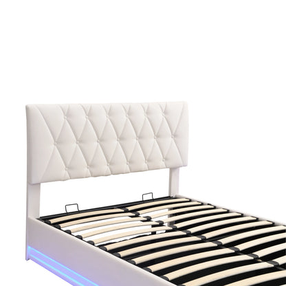 Rosahqnda Gepolstertes hydraulisches Bett 140 * 200 cm mit LED-verstellbarem Kopfteil, moderner Doppelbettrahmen mit Stauraum,PU