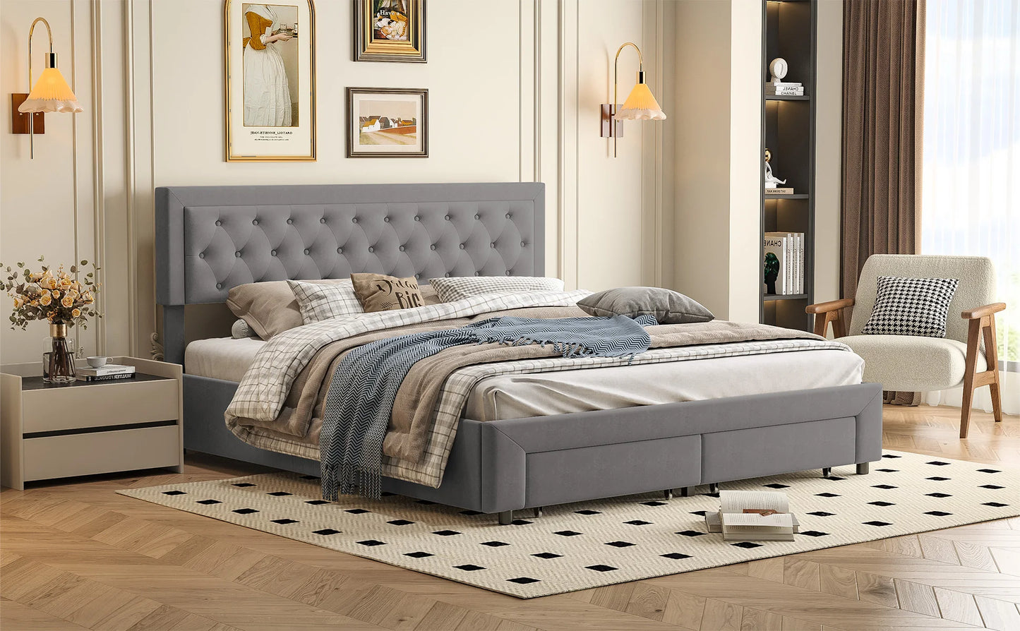 Rosahqnda Bett mit Stauraum, 160–180 x 200 cm, mit Schubladen gepolstert, Doppelbett, hydraulisches Bett, Jugendbett, Wohnungsbett, Samt, Beige/Grau