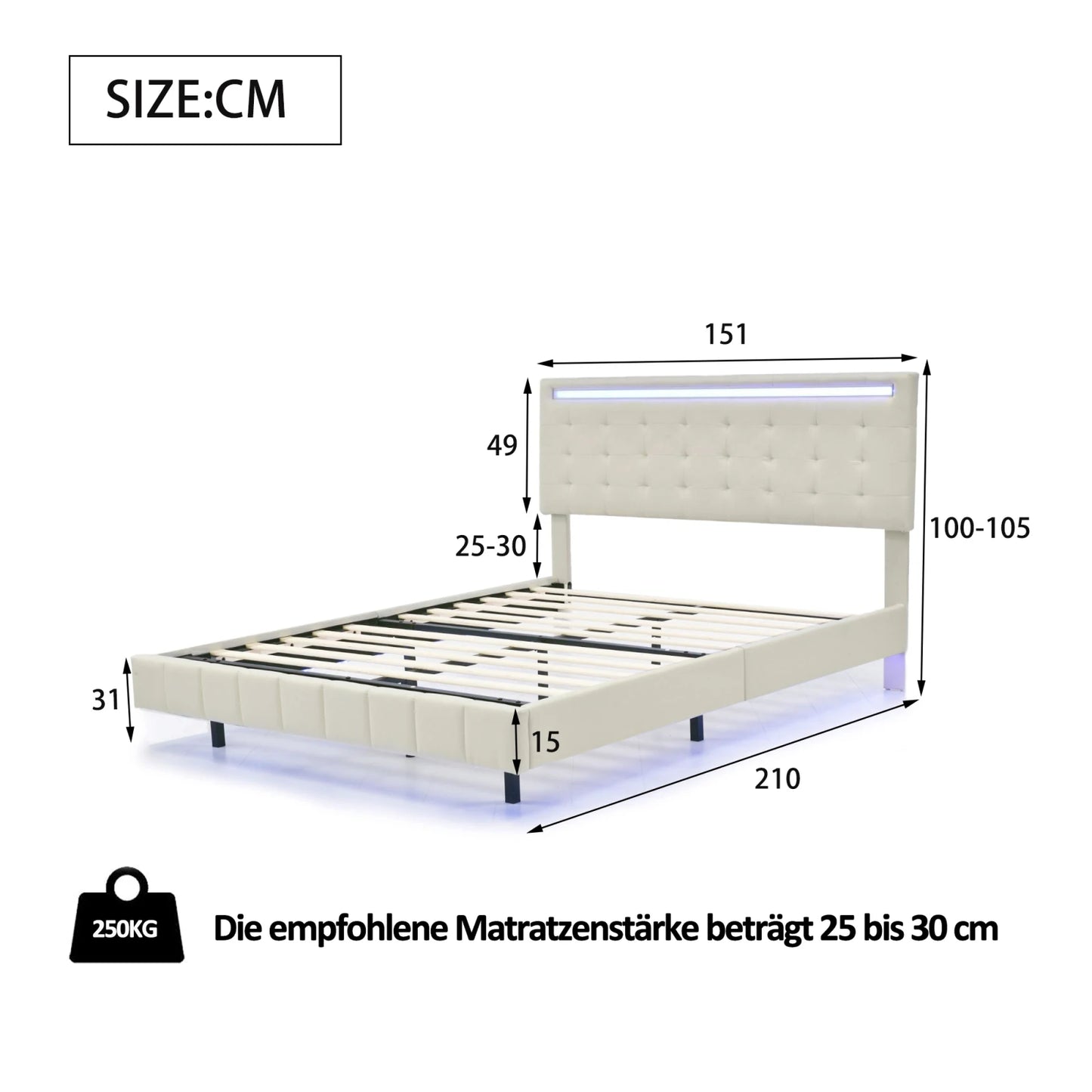 ROSAHQNDA Polsterbett 140/160 x 200 cm, LED-Schwebebettgestell mit USB-Ports, Doppelbett ohne Matratze, Leinenstoff