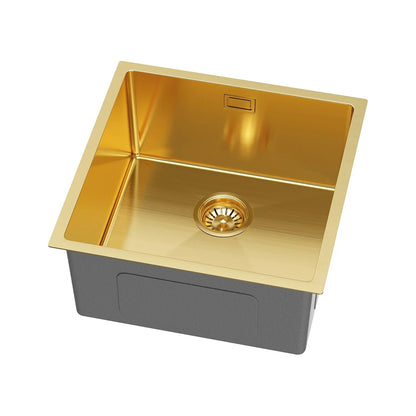 Flovia Gold PVD-Edelstahlspüle 44 x 44 cm – Einzelschüssel oben/Untermontage – mit Abflusssatz und Zubehör