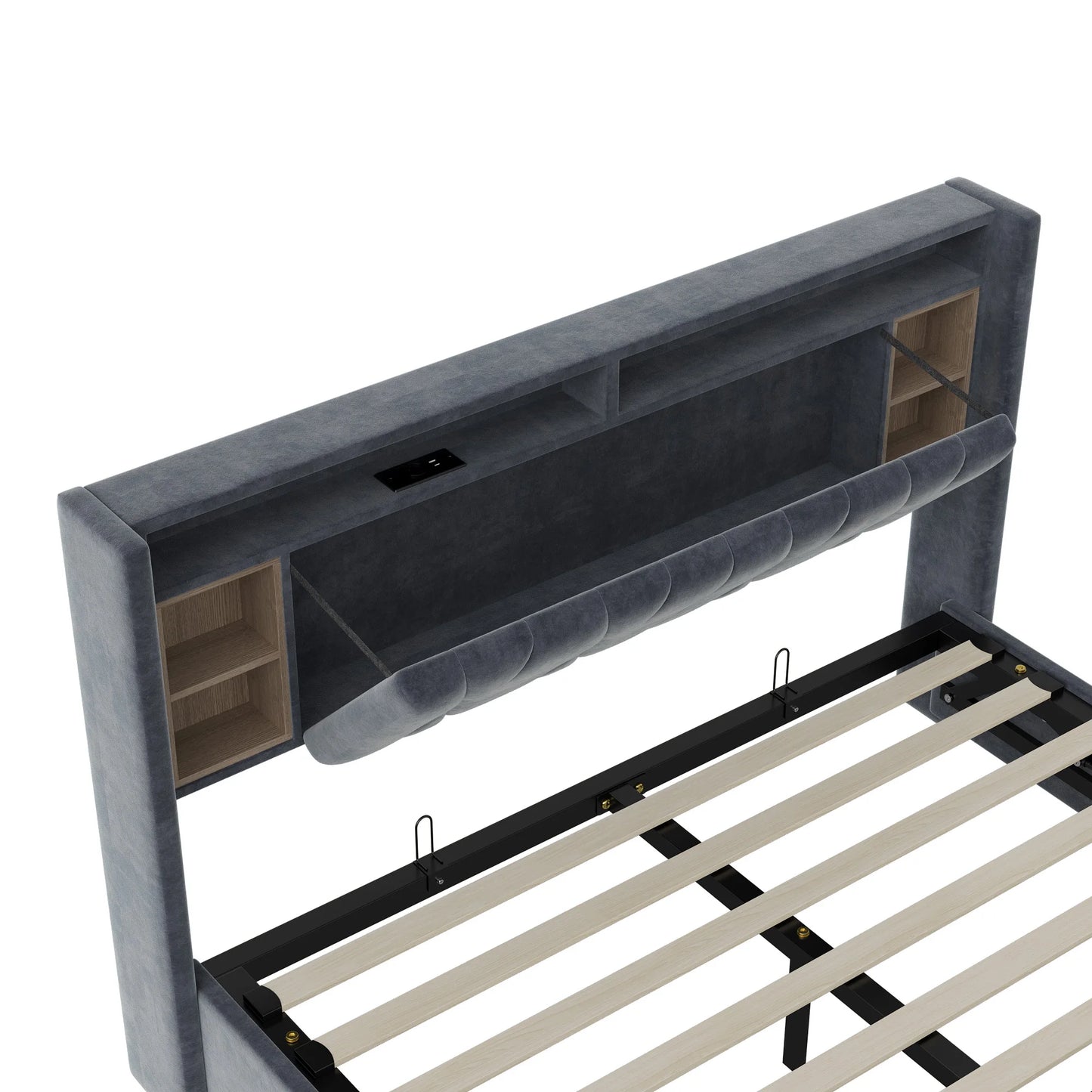 ROSAHQNDA Doppelbett mit Stauraum, LED-Bücherregal-Kopfteil mit USB, Polsterbett 140/160 x 200 cm, Samt, ohne Matratze