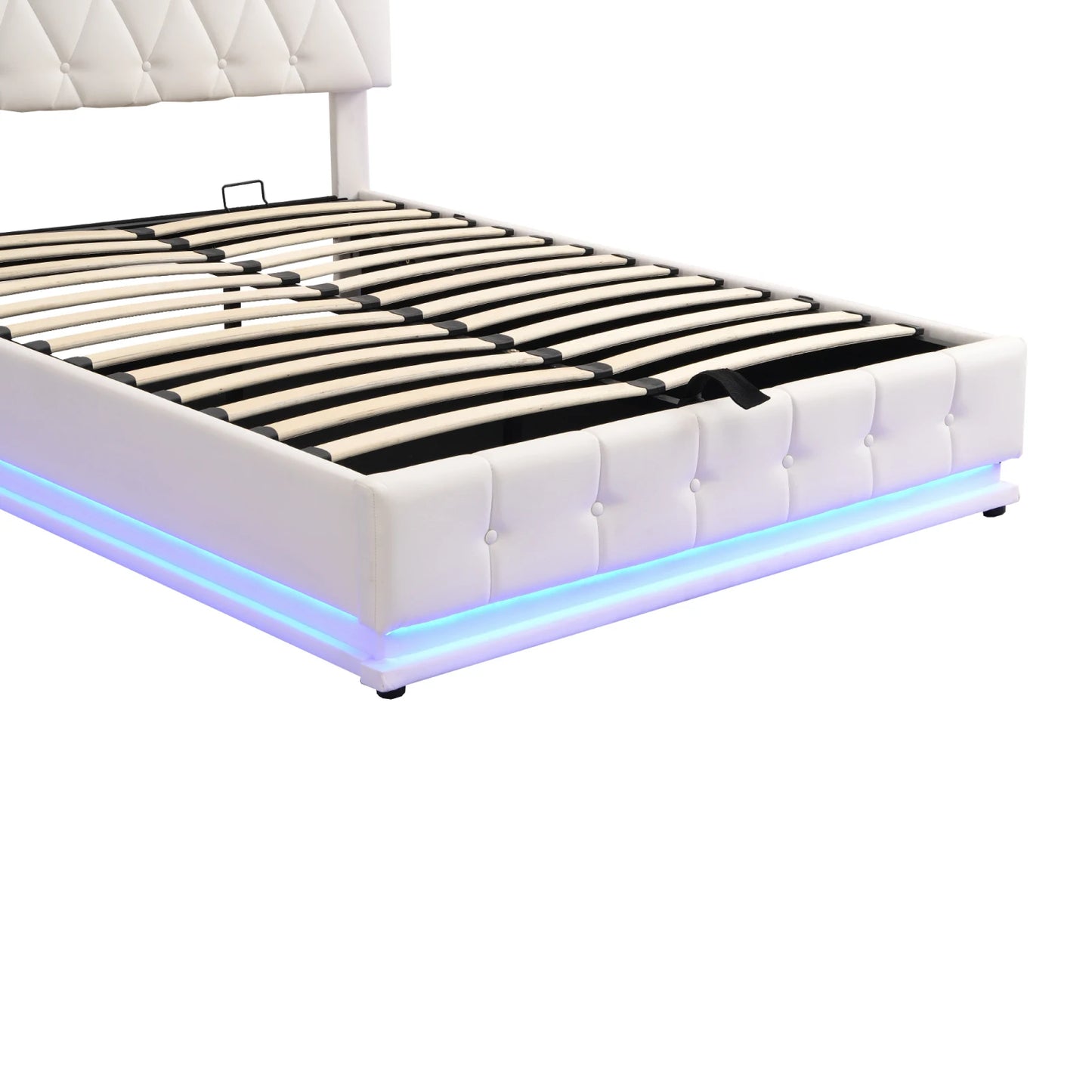 Rosahqnda gepolstertes Doppelbett 140 x 200 cm, LED-Beleuchtung, Doppelbett mit Stauraum, Kinderbett, Jugendbett, weißes PU-Leder