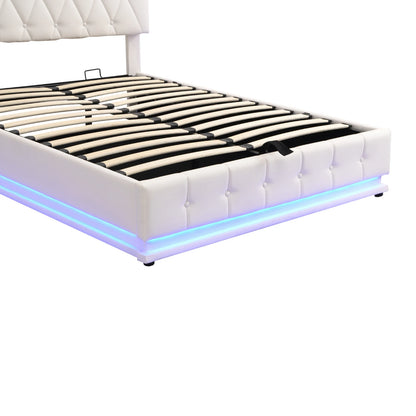 Rosahqnda gepolstertes Doppelbett 140 x 200 cm, LED-Beleuchtung, Doppelbett mit Stauraum, Kinderbett, Jugendbett, weißes PU-Leder