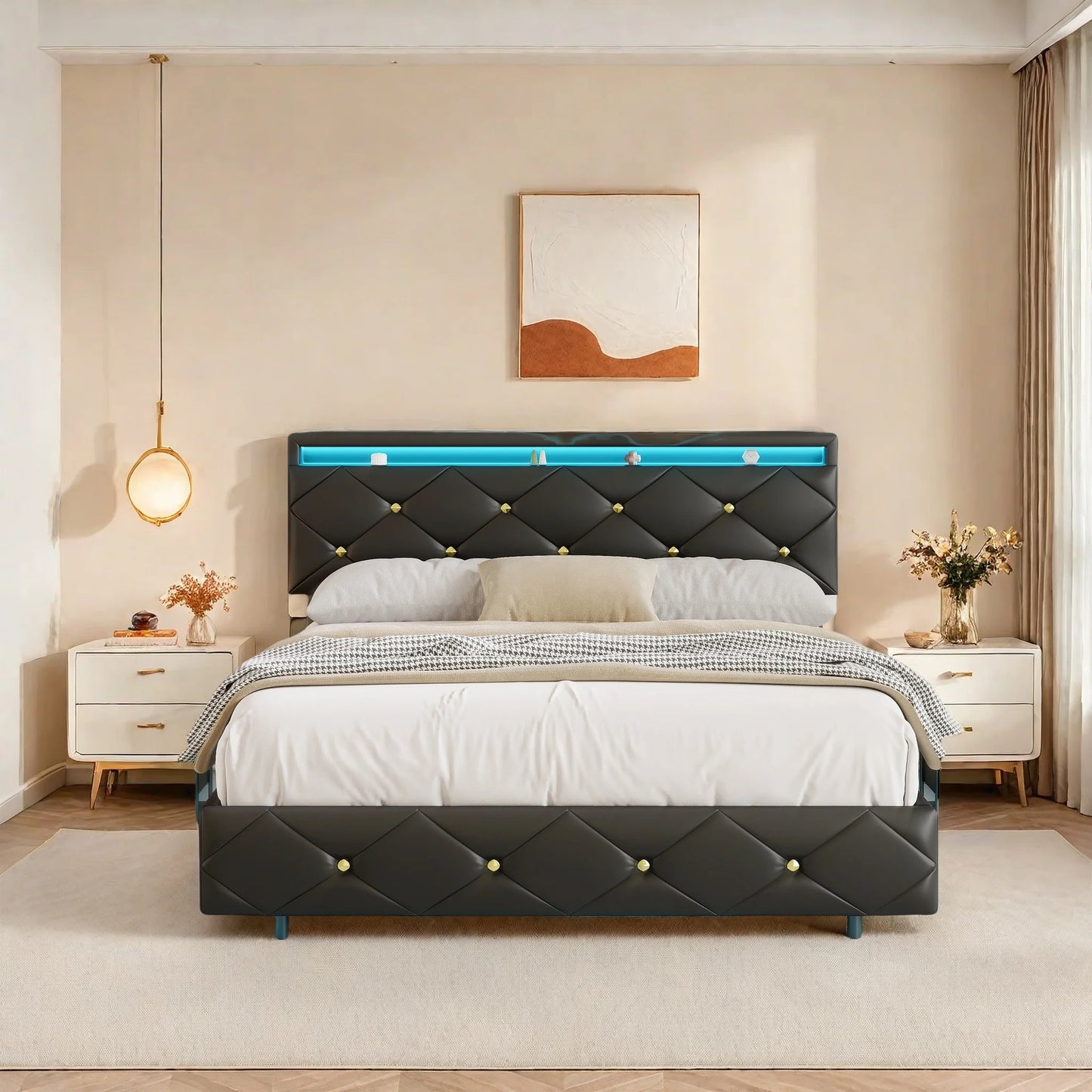 Rosahqnda Schwebebett 140-160*200cm LED USB verstellbares Kopfteil,Doppelpolsterbett Apartmentbett Jugendbett Gästebett,PU