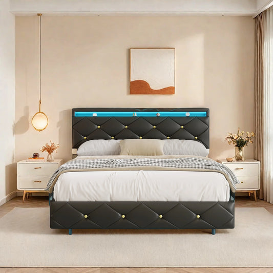 Rosahqnda Schwebebett 140-160*200cm LED USB verstellbares Kopfteil,Doppelpolsterbett Apartmentbett Jugendbett Gästebett,PU