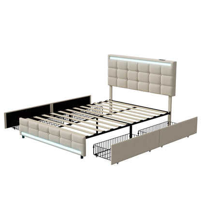 Rosahqnda Polsterbett mit 4 Schubladen und 2 USB-Anschlüssen, Bettrahmen mit LED-Leuchten, Kopfteil, Fußteil und Stauraum