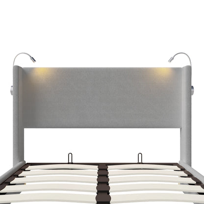 140 x 200 cm großes Cord-Doppelbett mit Stauraum, Bettkopf mit Leselicht, zwei USB-Ladeanschlüssen, ohne Matratze