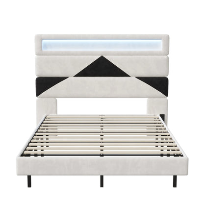 Rosahqnda Double Bed 140x190cm,Upholstered Bed with LED lighting and USB Charging Port,Youth Bed Ajudtable Headboard,WhiteVelvet