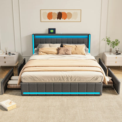 Polsterbett 140x200 cm,LED Doppelbett mit 4 Schubladen und Lattenrost,Kopfteil mit stauraum und USB-Ladefunktion,Bettgestell
