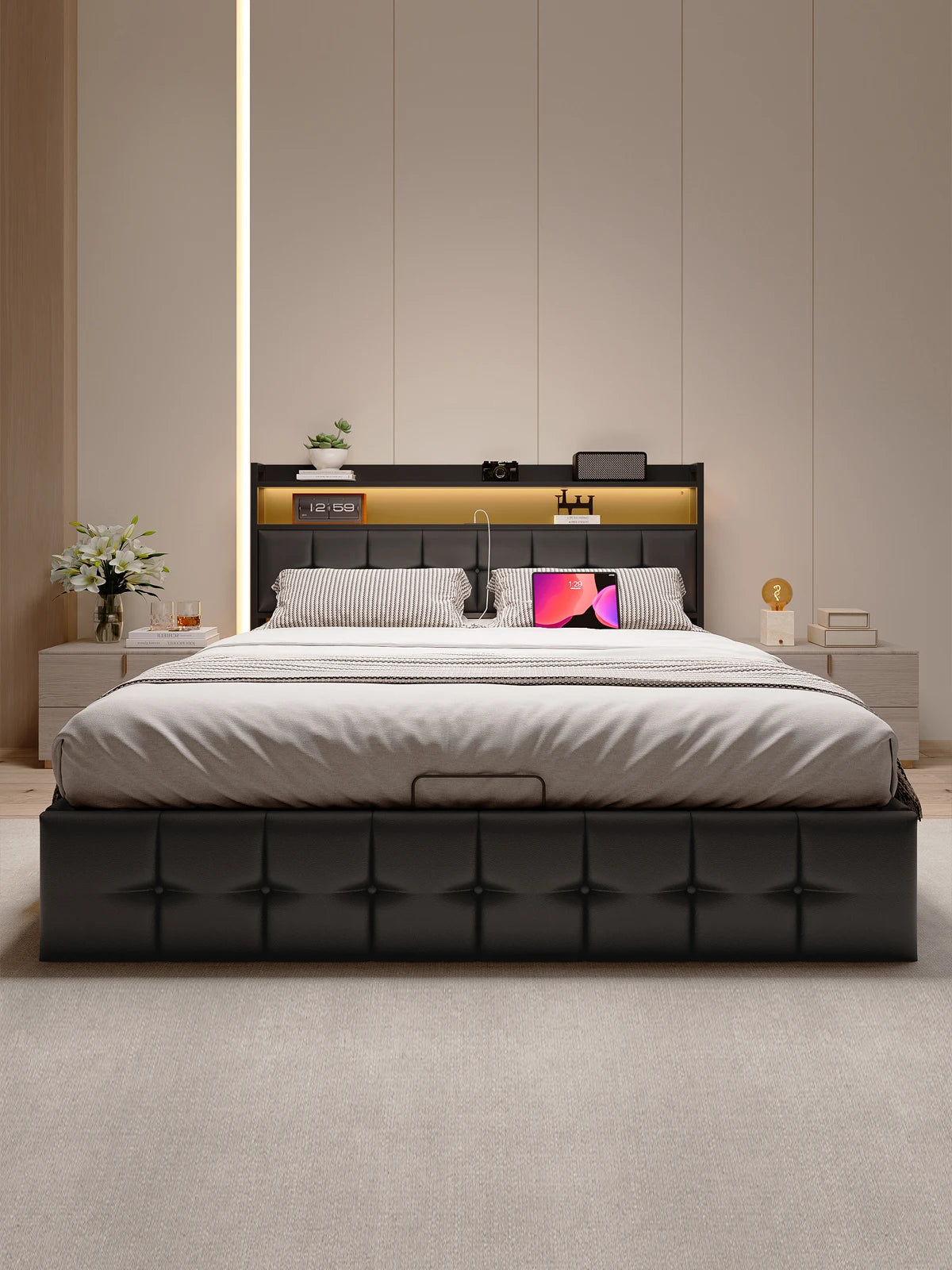 Polsterbett 140x190 cm, mit LED-Beleuchtung und USB, mit Rückenlehnenrahmen, hydraulisches Speicherbett, Funktionsbett, PU