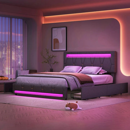 Rosahqnda Polsterbett 140 x 200 cm, Doppelbett mit LED-Beleuchtung, 4 Schubladen und Lattenrost, USB-Ladefunktion, hydraulisches Bett