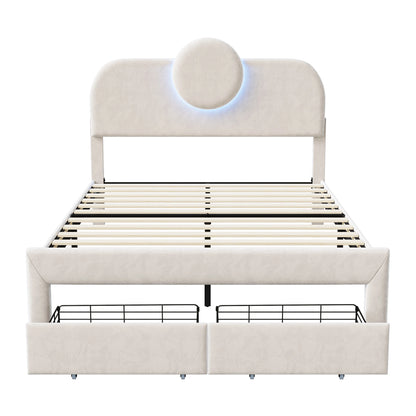 Rosahqnda Doppelbettgestell 140 x 200 cm mit LED und 2 Schubladen, gepolstertes Einzelbett, Stauraumbett, Teenagerbett, Gästebett, Samtbeige