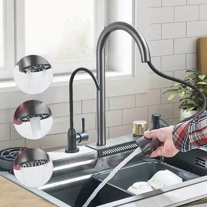 Wasserfall-Küchenspüle aus Edelstahl 304, großes Einzelschlitz-Wasserhahn-Set mit integrierter Digitalanzeige, Seifenspender, Tassenwascher