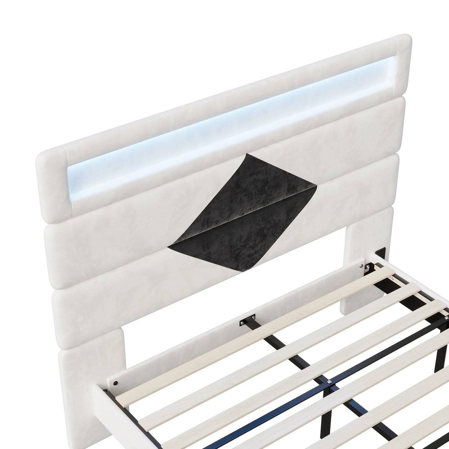 Rosahqnda Double Bed 140x190cm,Upholstered Bed with LED lighting and USB Charging Port,Youth Bed Ajudtable Headboard,WhiteVelvet