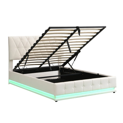 Rosahqnda gepolstertes Doppelbett 140 x 200 cm, LED-Beleuchtung, Doppelbett mit Stauraum, Kinderbett, Jugendbett, weißes PU-Leder