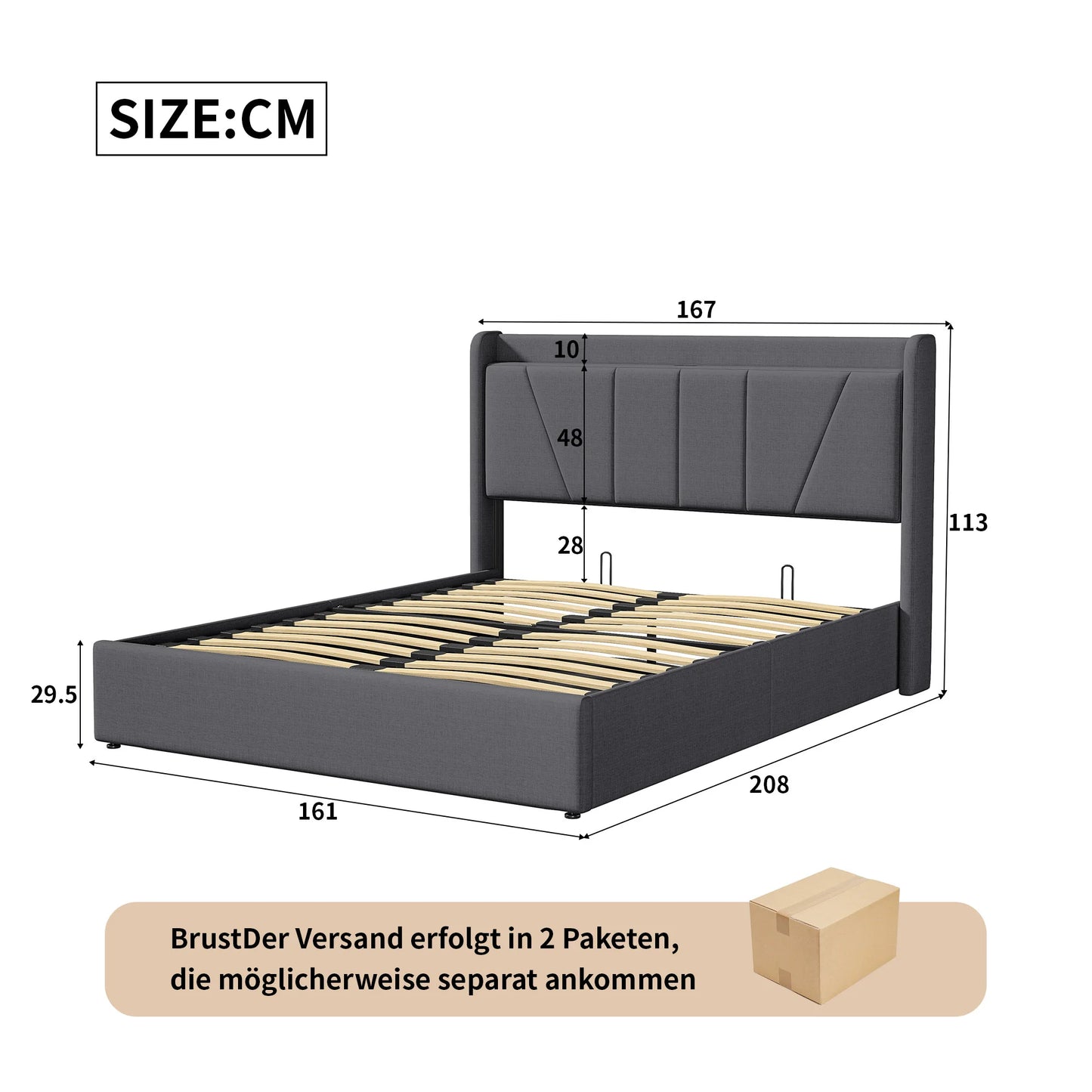 UrbanLuxe 160 x 200 cm Bett mit Stauraum, 2 USB-Anschlüsse + 1 Typ-C-Anschluss, Lattenrost, Leinen, grau, ohne Matratze