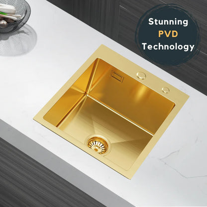 PVD Gold Edelstahlspüle 40 x 50 cm – Einzelbecken mit Abflussrohr, Wasserhahnloch, X-Drain-Design für schnellen Wasserdurchfluss