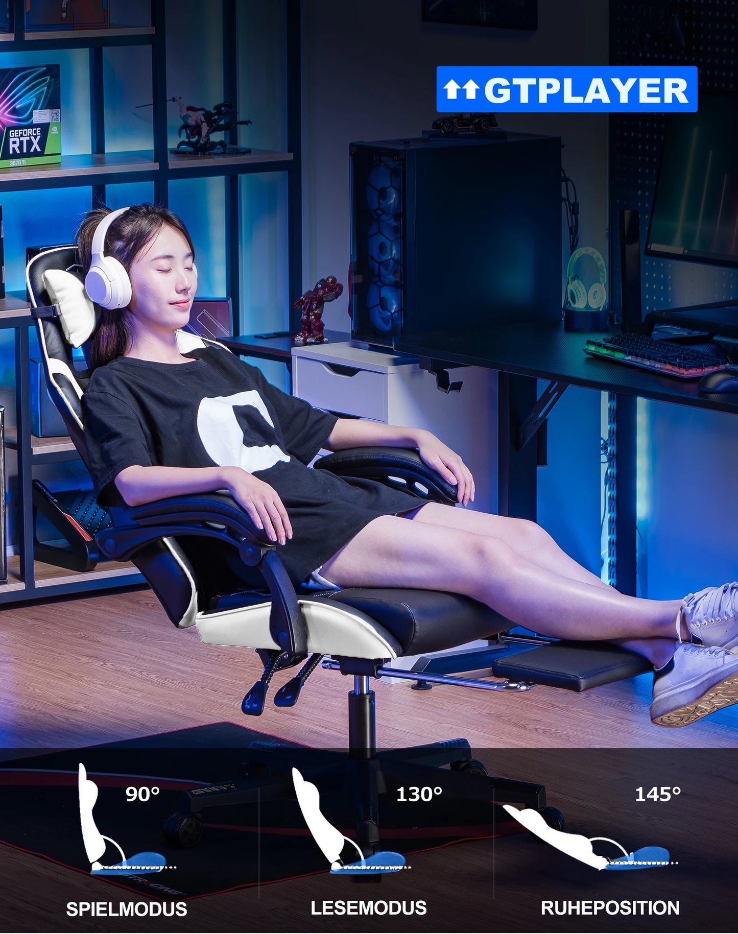 GTPLAYER Gaming Stuhl, Gamer Stuhl, Ergonomischer Bürostuhl mit Fußstütze Verstellbare Lenden und Kopfkissen, Gaming Chair