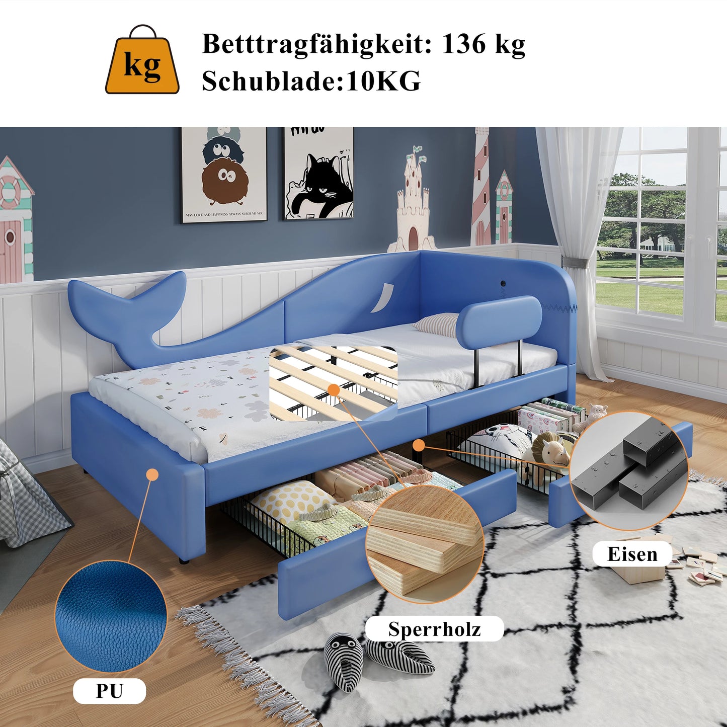 Kinderbtt Stabiler Metallrahmen mit Lattenrost und Erhöhten Seitenteilen für Sicheres Schlafen