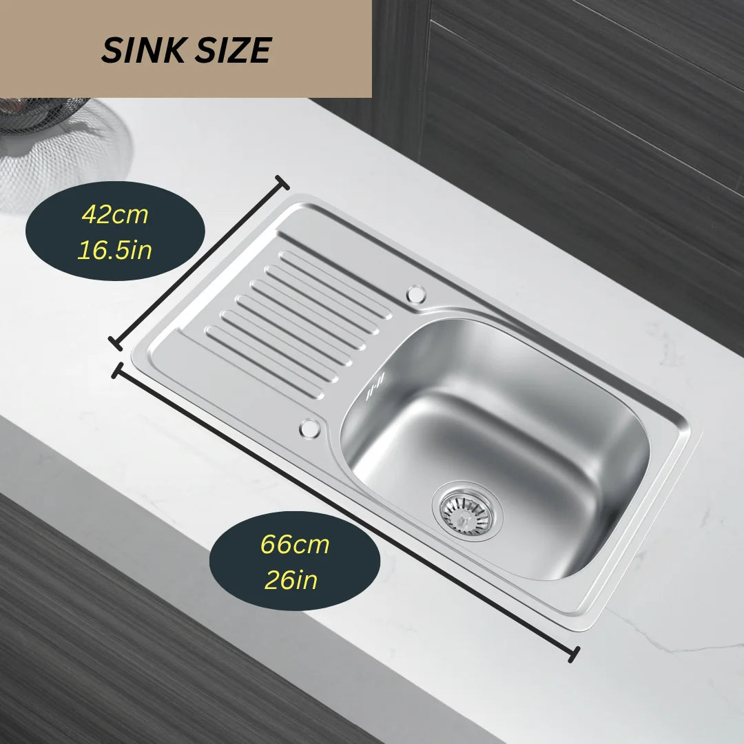 66 x 42 cm großes Edelstahl-Küchenspüle mit Abtropffläche, silbrige Einzelschüssel-Spüle aus Inox, linke/rechte Installation