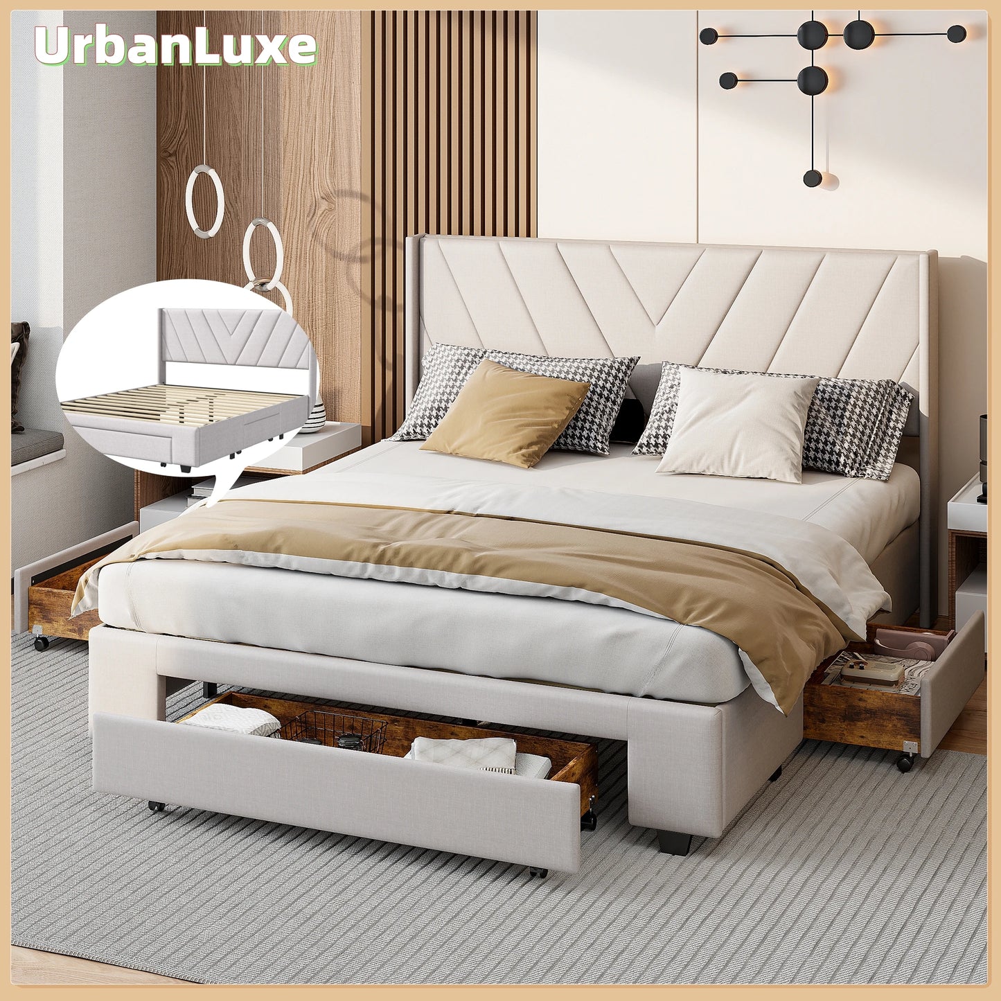 UrbanLuxe Doppelbett 160x200 cm mit 3 Schubladen, Bett mit Stauraum, Lattenrost, Bettgestell, Leinen, Beige, ohne Matratze