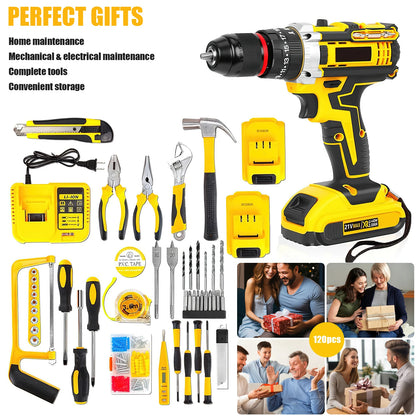 21V45Nm Akku-Bohrschrauber-Set, 120 Stück, mit Schlagschrauber, Metall-Schlüsselloses Bohrfutter, 3828 Positionskupplung für DIY-Profi-Werkzeugsatz