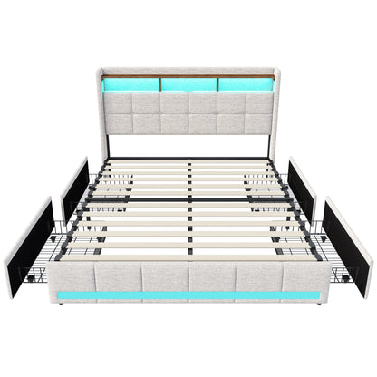 Double Bed,Upholstered Bed with LED and USB Charging Port,4 Drawers and Storage Backrest for Adults or Teen Bedrooms,Beige/Grey