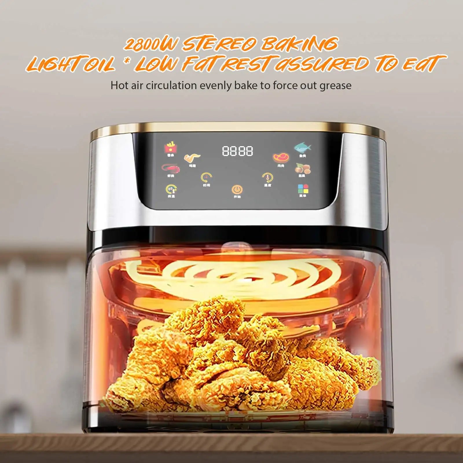 1400W 8L Air Fryer Stainless Steel Visible wide Capacity Electric Oven Touch glass Multifunctional Electric Fryer.