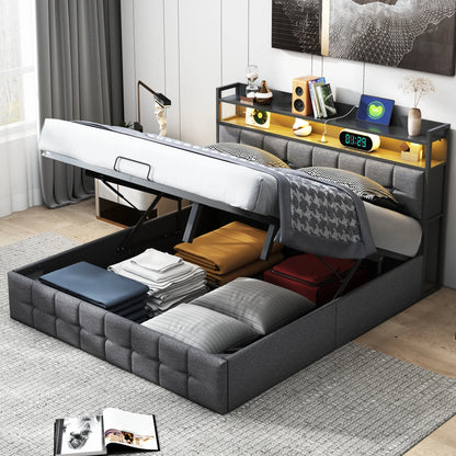 Rosahqnda Multifunctional Double Bed,Rechargeable,LED and Hydraulic Storage,Teen Bed,140/160 x 200 cm,Linen/PU,Grey,Black.