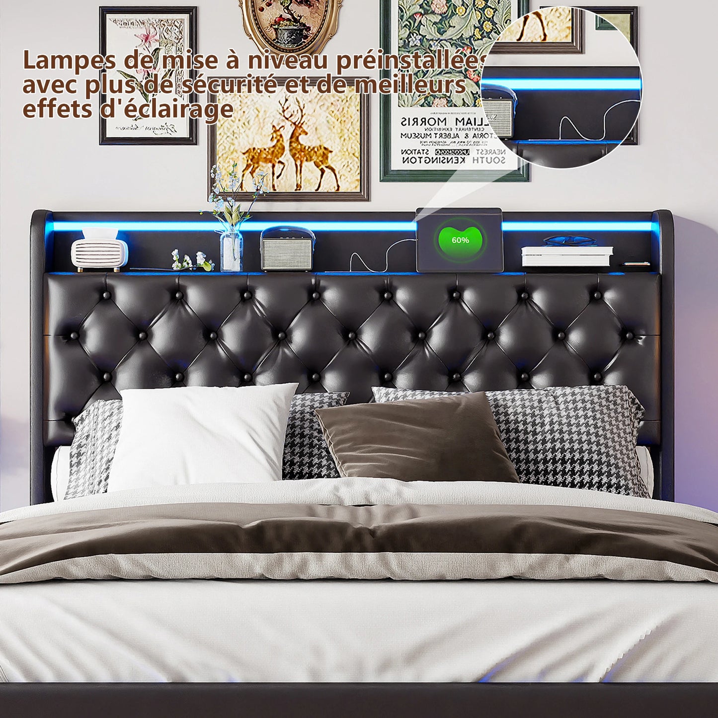 Polsterdoppelbett 140 x 200 cm mit Kopfteil, Bett mit Lattenrost aus Metallrahmen, PU Betten mit großem Stauraum, hydraulischer