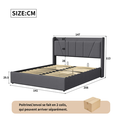 Rosahqnda Gepolsterter Doppelbettrahmen 140-160x200 cm Leinen USB-Hydraulikbett mit Stauraum Gästebett Schlafzimmer