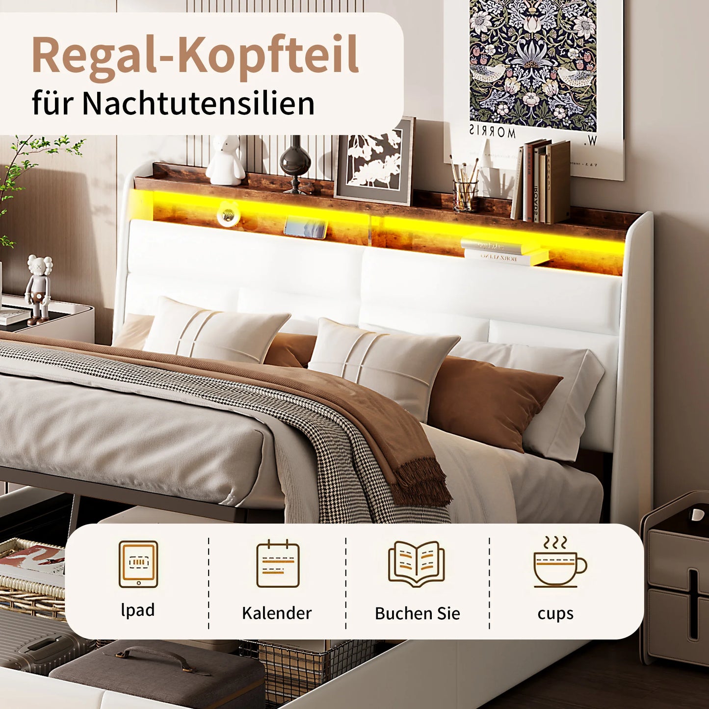 Rosahqnda Doppel-Jugendbettgestell 140–160 x 200 cm mit hydraulischem LED- und USB-Aufbewahrungsbett, Einzelbett, Gäste-/Master-Schlafzimmer, PU, weiß/schwarz