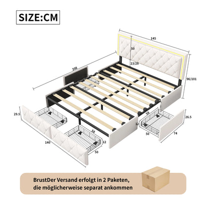 ROSAHQNDA Modernes Kunstlederbett mit Schubladen, LED-PU-Doppelbettgestell mit Stauraum, 140/160 x 200 cm, ohne Matratze