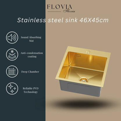 Gold PVD Stainless Steel Kitchen Sink 46x45cm Single Bowl with Faucet Hole, Overflow, Drain Kit, Top mount Design