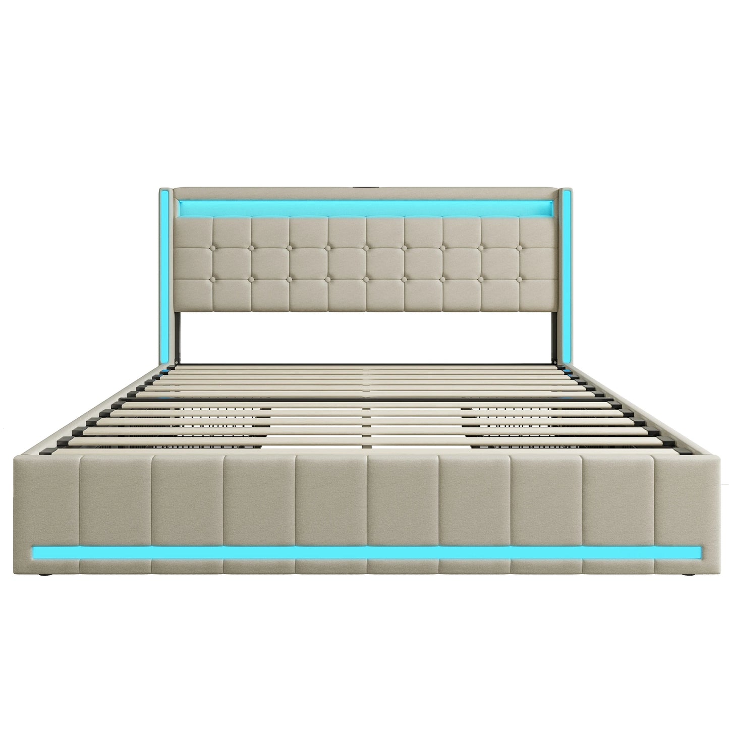 Rosahqnda Modern Double Bed with Drawers,Sockets,Led,Solid Metal,Headboard and Bed Frame with Storage,Teen Bed,Linen,Dark Grey