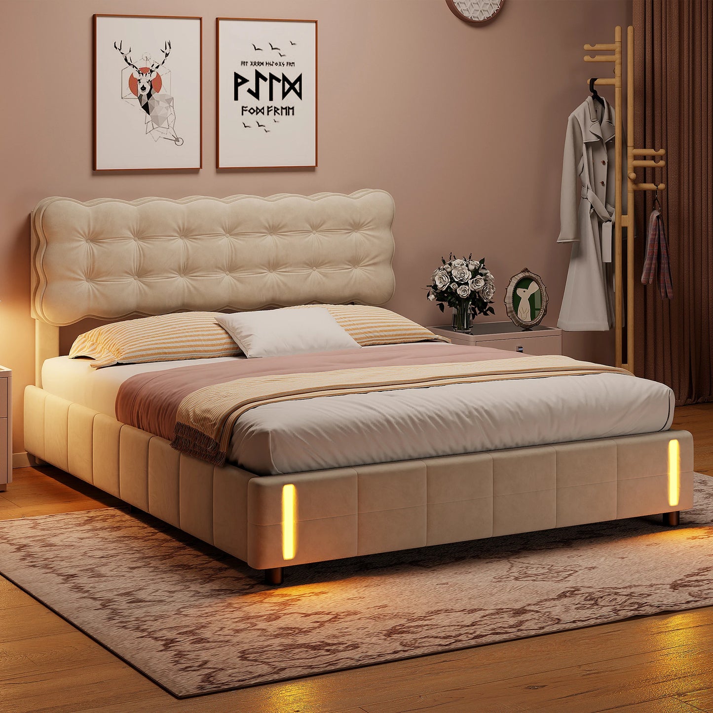 Doppelbett 140x200 cm mit LED-Beleuchtung und Stauraum, Luftdruckbett, Lattenrost, Samt, beige, ohne Matratze