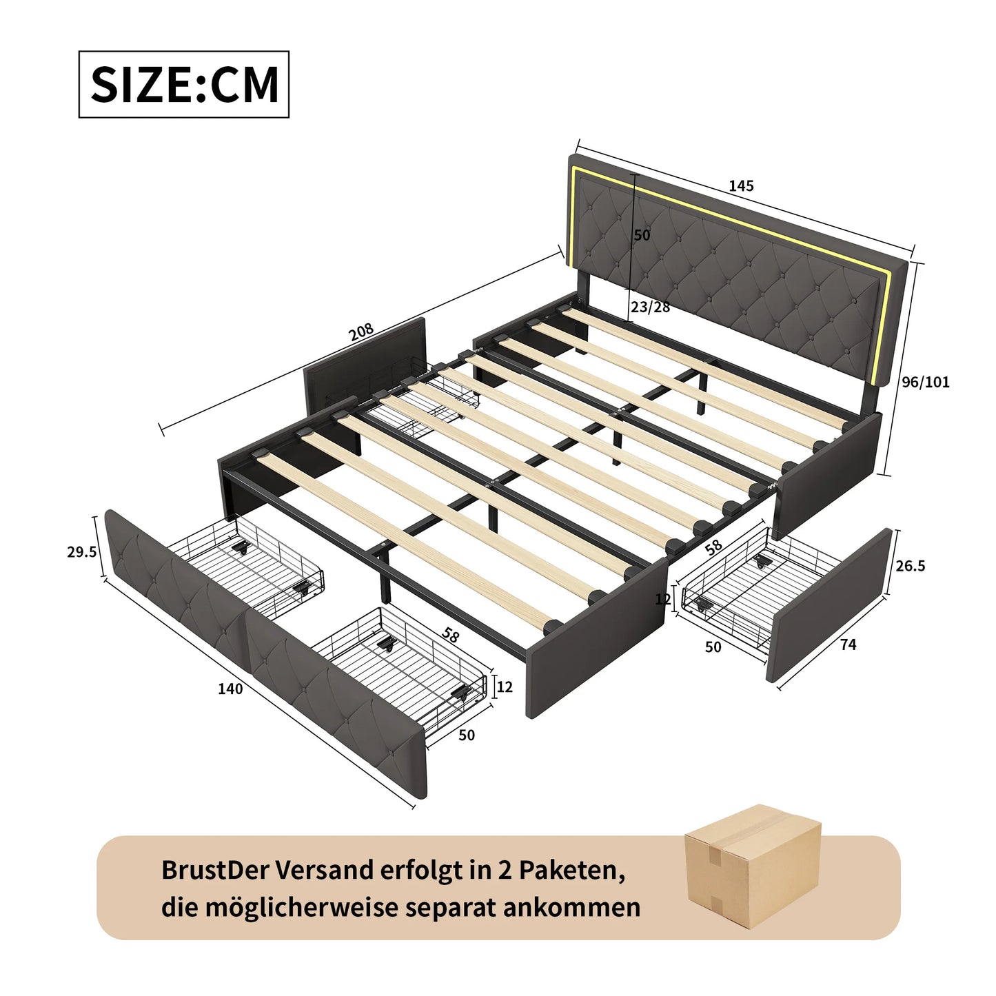 ROSAHQNDA Modernes Kunstlederbett mit Schubladen, LED-PU-Doppelbettgestell mit Stauraum, 140/160 x 200 cm, ohne Matratze